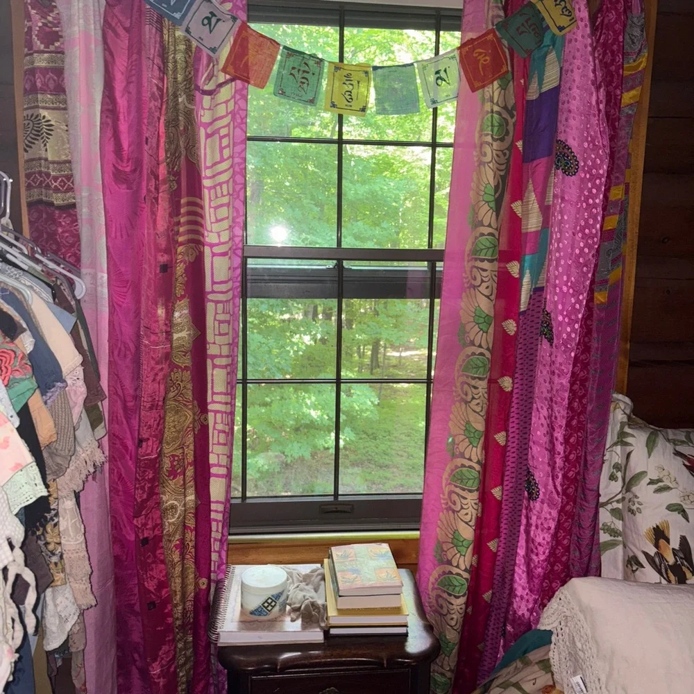 Boho Green Patchwork Curtain Panel - Home Accents Indian Sari Gypsy decor